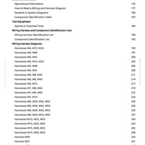 May include: A page from a manual with a table of contents. The text includes "Electrical System - Schematic", "Wiring Harness Diagrams", and various harness designations like W4, W15, and W22. Page numbers are listed on the right.