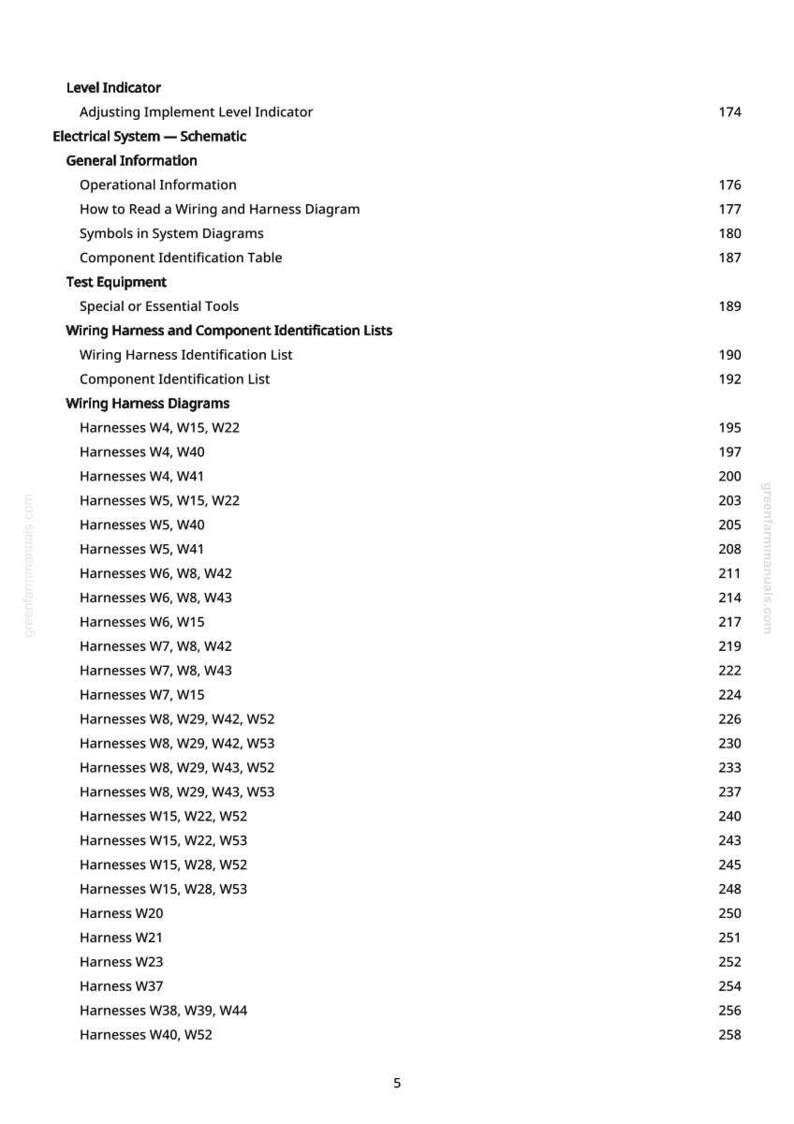 May include: A page from a manual with a table of contents. The text includes "Electrical System - Schematic", "Wiring Harness Diagrams", and various harness designations like W4, W15, and W22. Page numbers are listed on the right.