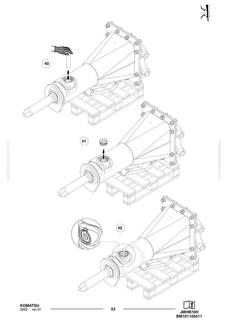May include: An engineering diagram of a Komatsu hydraulic hammer. The diagram shows the hammer in three different stages of assembly, with labels and callouts. The hammer is mounted on a wooden pallet.