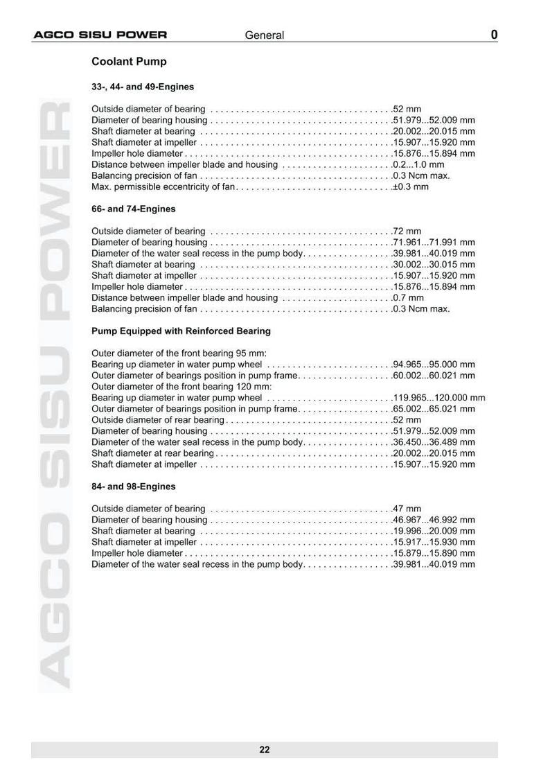 May include: Technical specifications for a coolant pump, including measurements for bearings, housings, and impeller components. The document provides detailed dimensions in millimeters for various engine types, such as 33-, 44-, 49-, 66-, 74-, 84-, and 98-engines.