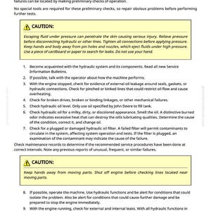 May include: A page from a manual titled "Visually Inspect Hydraulic Systems." The text provides safety warnings and a checklist for inspecting hydraulic systems, including checking for leaks and oil quality.