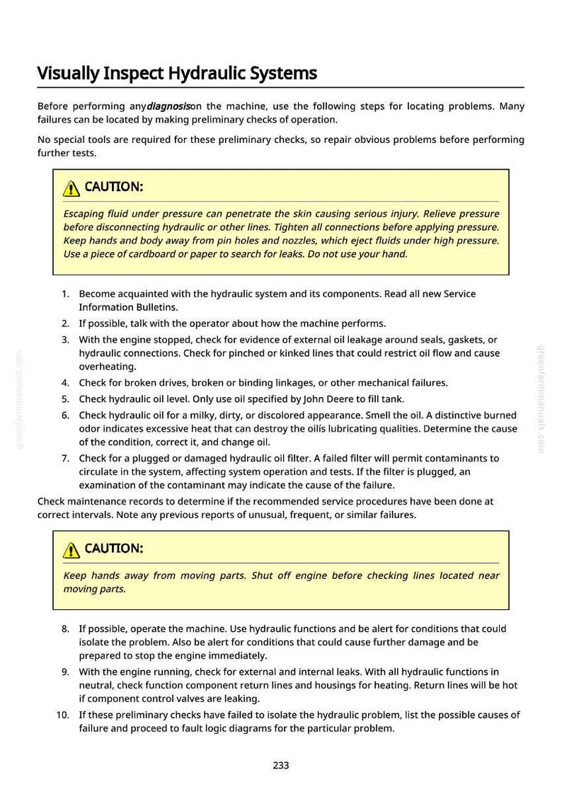 May include: A page from a manual titled "Visually Inspect Hydraulic Systems." The text provides safety warnings and a checklist for inspecting hydraulic systems, including checking for leaks and oil quality.