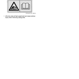 May include: A safety label with the text "Safety Labels" at the top. The label includes two pictograms: one showing a person being struck by a lift arm and another of an open book. Text below warns about lift arm hazards.