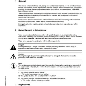 Puede incluir: Un manual de servicio en blanco y negro titulado "Prefacio" con texto sobre datos t&eacute;cnicos, instrucciones de seguridad y regulaciones para excavadoras hidr&aacute;ulicas LIEBHERR. Incluye s&iacute;mbolos de advertencia e informaci&oacute;n de copyright. El documento es para uso interno.