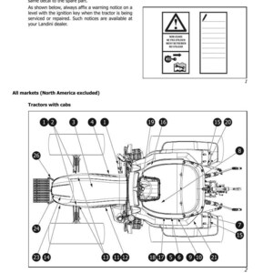 K&ouml;nnte beinhalten: Manuellseite mit der &Uuml;berschrift &bdquo;DANGER SIGNS&ldquo; und einer Diagrammzeichnung eines Traktors mit nummerierten Teilen. Der Text erl&auml;utert Sicherheitsvorkehrungen beim Austausch von Traktorteilen und enth&auml;lt Warnsymbole.