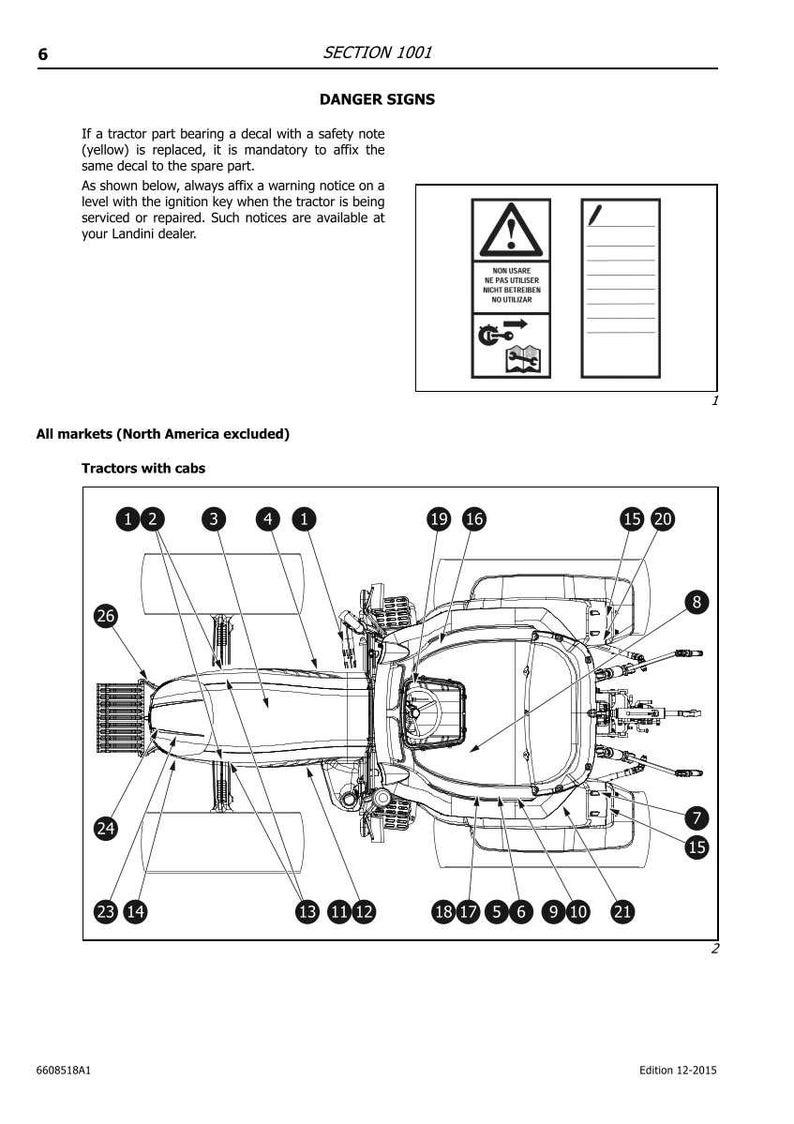 K&ouml;nnte beinhalten: Manuellseite mit der &Uuml;berschrift &bdquo;DANGER SIGNS&ldquo; und einer Diagrammzeichnung eines Traktors mit nummerierten Teilen. Der Text erl&auml;utert Sicherheitsvorkehrungen beim Austausch von Traktorteilen und enth&auml;lt Warnsymbole.