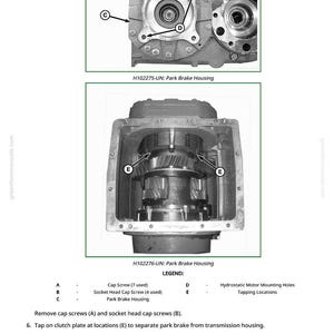 Pu&ograve; includere: Diagramma tecnico di un alloggiamento del freno di stazionamento con indicazioni per viti a testa cilindrica, viti a testa cava e punti di maschiatura. L'immagine include due viste dettagliate dell'alloggiamento e una legenda. Il testo recita "H102275-UN: Park Brake Housing" e "H102276-UN: Park Brake Housing."
