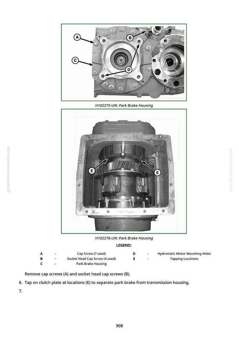 Pu&ograve; includere: Diagramma tecnico di un alloggiamento del freno di stazionamento con indicazioni per viti a testa cilindrica, viti a testa cava e punti di maschiatura. L'immagine include due viste dettagliate dell'alloggiamento e una legenda. Il testo recita "H102275-UN: Park Brake Housing" e "H102276-UN: Park Brake Housing."