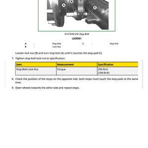 May include: Diagram of a stop bolt assembly with labels A, B, and C. The text reads "Loosen lock nut (B) and turn stop bolt (A) until it touches the stop pad (C)." The specification for the stop bolt lock nut is 250 N&middot;m (184 lb&middot;ft).