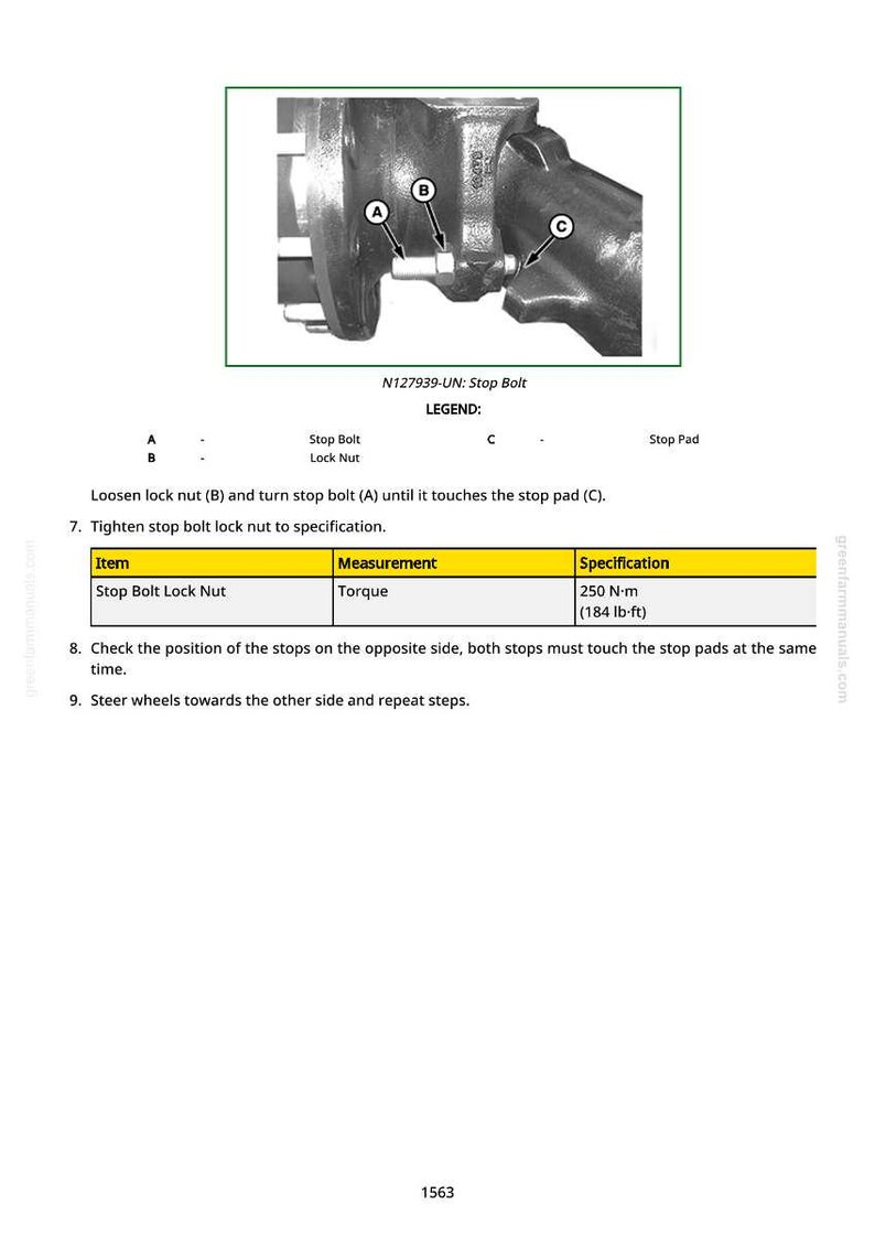 May include: Diagram of a stop bolt assembly with labels A, B, and C. The text reads "Loosen lock nut (B) and turn stop bolt (A) until it touches the stop pad (C)." The specification for the stop bolt lock nut is 250 N&middot;m (184 lb&middot;ft).