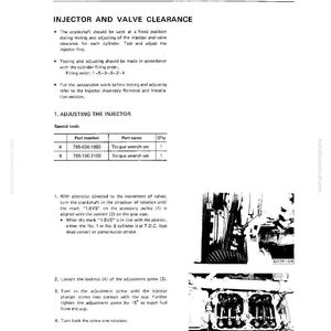 May include: A page from a manual titled "Injector and Valve Clearance." The text details procedures for adjusting injectors, including special tools and step-by-step instructions. Diagrams and part numbers are included, with the page number 12-5.