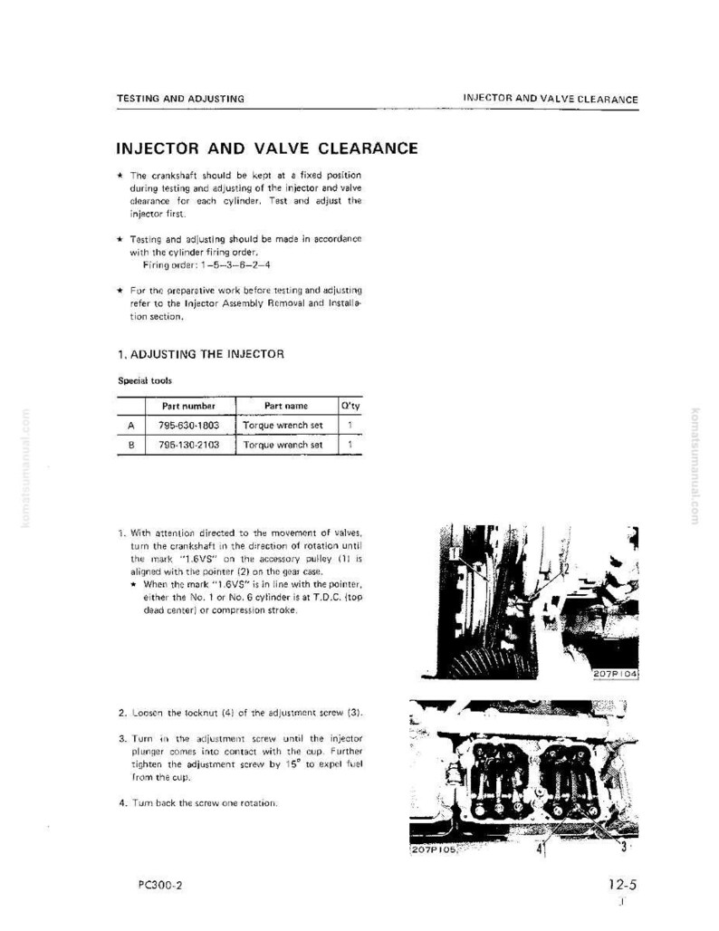 May include: A page from a manual titled "Injector and Valve Clearance." The text details procedures for adjusting injectors, including special tools and step-by-step instructions. Diagrams and part numbers are included, with the page number 12-5.