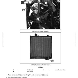 May include: Diagram showing radiator installation, including fan shroud, hose notch, and lower radiator hose. The image has labeled components and assembly instructions. The text "Install Radiator" is at the top of the page.