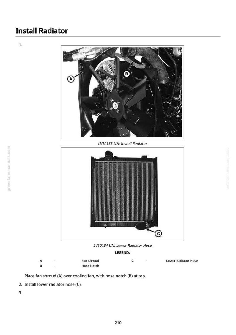 May include: Diagram showing radiator installation, including fan shroud, hose notch, and lower radiator hose. The image has labeled components and assembly instructions. The text "Install Radiator" is at the top of the page.