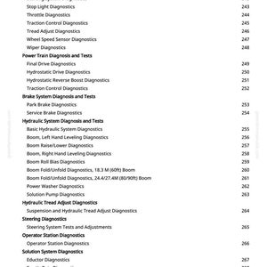May include: A white page with a list of diagnostic tests and their corresponding page numbers. The list includes tests for spray control, brakes, hydraulics, and steering systems. The page number is 7.