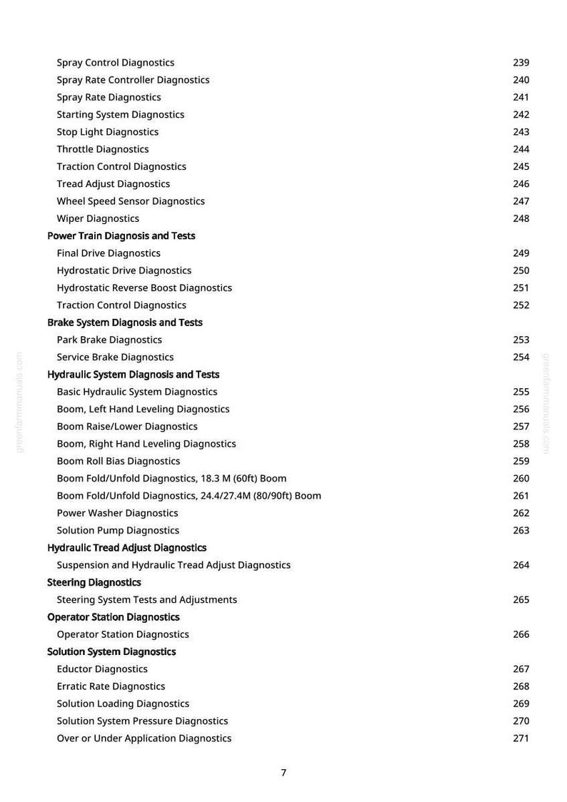 May include: A white page with a list of diagnostic tests and their corresponding page numbers. The list includes tests for spray control, brakes, hydraulics, and steering systems. The page number is 7.
