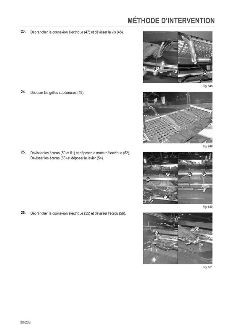 May include: A page from a manual titled "M&Eacute;THODE D'INTERVENTION" with numbered steps and diagrams. The steps include disconnecting electrical connections, removing screws, and removing parts. Figures 848, 849, 850, and 851 are shown.