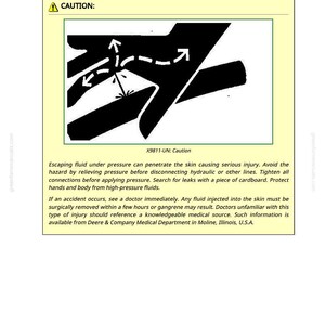 May include: An instructional diagram with the title "Remove and Install Attenuator" and a caution symbol. The diagram shows a hand with arrows indicating potential hazards from escaping fluid under pressure. Text warns of serious injury.