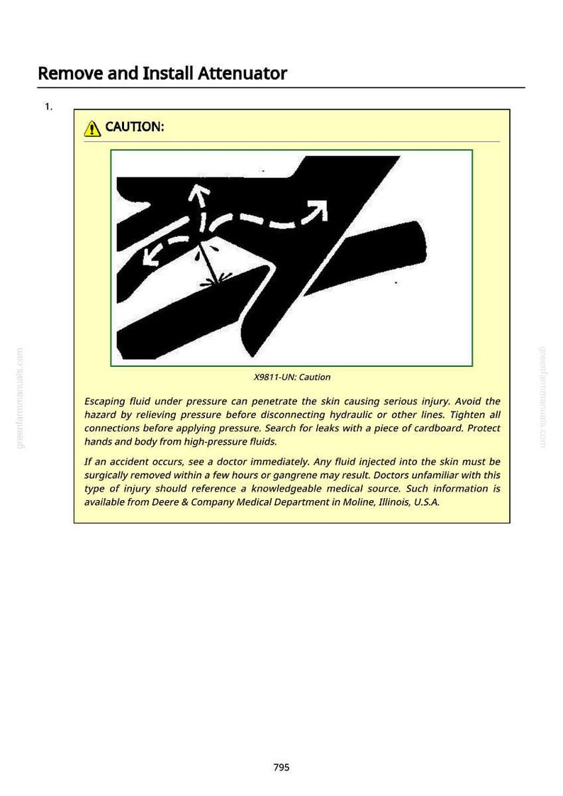 May include: An instructional diagram with the title "Remove and Install Attenuator" and a caution symbol. The diagram shows a hand with arrows indicating potential hazards from escaping fluid under pressure. Text warns of serious injury.