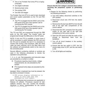 May include: A technical document titled "System Checkout" and "Battery and Control Circuit Checks" with a warning message. It details procedures for testing an AC drive system, including equipment and safety steps. The document includes diagrams and instructions.