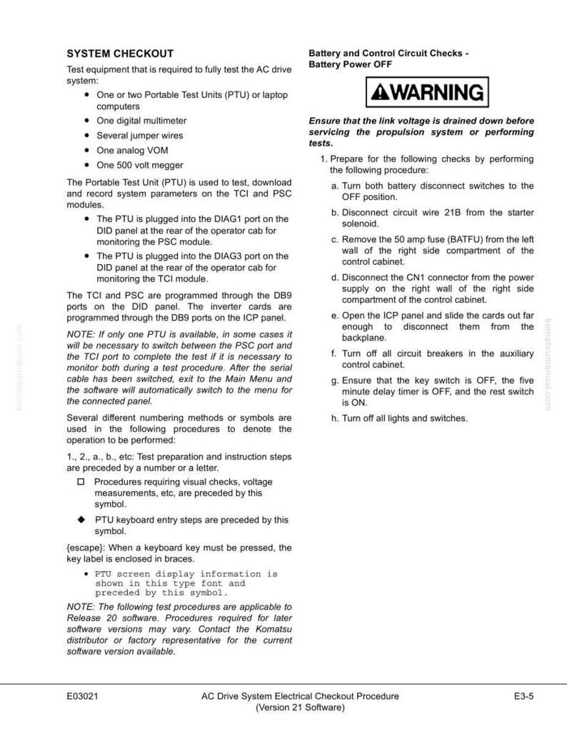 May include: A technical document titled "System Checkout" and "Battery and Control Circuit Checks" with a warning message. It details procedures for testing an AC drive system, including equipment and safety steps. The document includes diagrams and instructions.