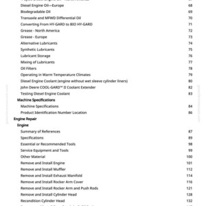 May include: A page from a manual with a table of contents. The text includes topics like diesel fuel, engine oil, lubricants, and engine repair procedures. Page numbers are listed on the right.