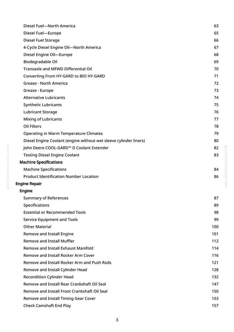 May include: A page from a manual with a table of contents. The text includes topics like diesel fuel, engine oil, lubricants, and engine repair procedures. Page numbers are listed on the right.