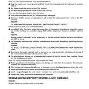 Pode incluir: Uma p&aacute;gina de um manual intitulada "Remover e instalar o conjunto da alavanca de controle do equipamento de trabalho". O texto fornece instru&ccedil;&otilde;es e precau&ccedil;&otilde;es de seguran&ccedil;a para a manuten&ccedil;&atilde;o de m&aacute;quinas, incluindo etapas para desconectar mangueiras e componentes el&eacute;tricos.