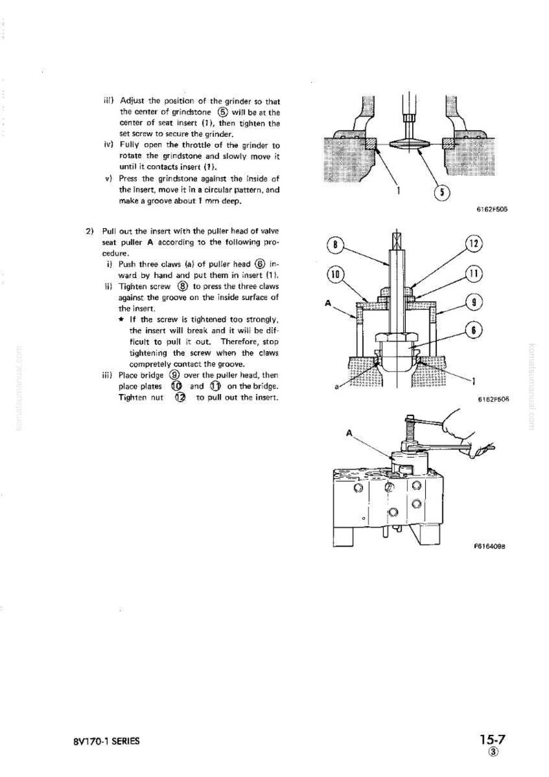 May include: Technical diagram with labeled parts for a mechanical process. The image shows a detailed illustration of a valve seat puller and grinder, with numbered components and explanatory text.