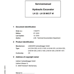 May include: A white Servicemanual document for a Hydraulic Excavator, model LH 22 - LH 35 M/C/T 4f. The document includes product identification details, manufacturer information, and copyright details.