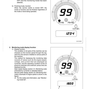 May include: Diagram of a monitor panel with a circular gauge displaying "99" and a lower digital display showing "1234". The panel includes text related to troubleshooting and display functions.