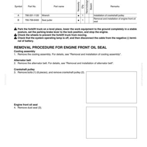 Peut inclure: Un sch&eacute;ma technique d&eacute;taillant le retrait et l'installation d'un joint d'huile avant de moteur. Le document comprend une liste de pi&egrave;ces avec une cl&eacute; et un extracteur de joint, ainsi que des instructions &eacute;tape par &eacute;tape et des consignes de s&eacute;curit&eacute;.