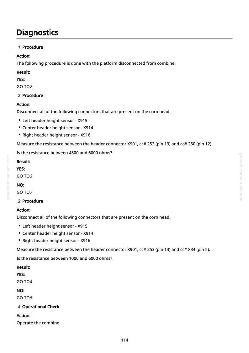May include: A page from a manual titled "Diagnostics" with numbered procedures and instructions. The text includes steps for disconnecting connectors, measuring resistance, and operational checks. The page number is 114.