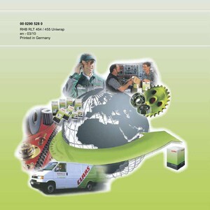 May include: An advertisement featuring a white van with the CLAAS logo, surrounded by images of machinery parts, a globe, and workers. The text includes company information and product details.