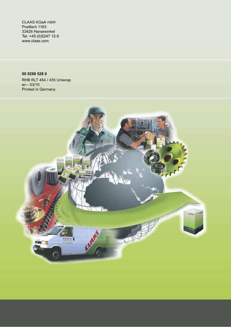 May include: An advertisement featuring a white van with the CLAAS logo, surrounded by images of machinery parts, a globe, and workers. The text includes company information and product details.