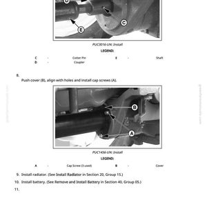 May include: Diagram of mechanical components with labels and arrows. Includes a cotter pin, coupler, and shaft. Text indicates installation steps for cap screws and a cover. The image is from a manual.