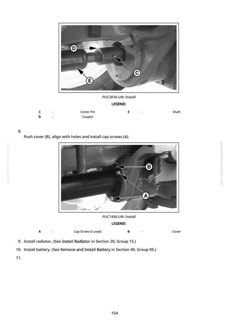 May include: Diagram of mechanical components with labels and arrows. Includes a cotter pin, coupler, and shaft. Text indicates installation steps for cap screws and a cover. The image is from a manual.
