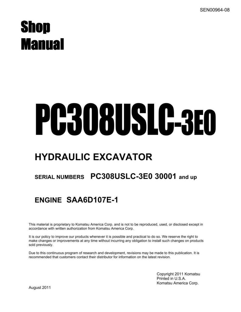 May include: A white shop manual with black text. The title "Shop Manual" is at the top, and the model number "PC308USLC-3E0" is prominently displayed. The manual is for a hydraulic excavator.