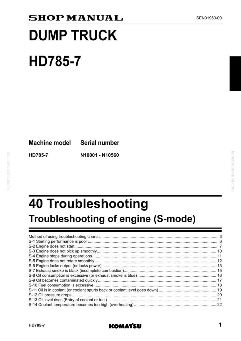 May include: Shop manual for a Dump Truck HD785-7, featuring troubleshooting information for the engine. Includes a table of contents with troubleshooting topics such as starting performance, engine issues, and oil consumption.