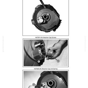 May include: Diagram illustrating the removal and installation of a reverser shift piston. The image shows close-up views of mechanical components, including retainer cap screws and a retainer cap with a spring. The text "Remove/Install Reverser Shift Piston" is at the top.