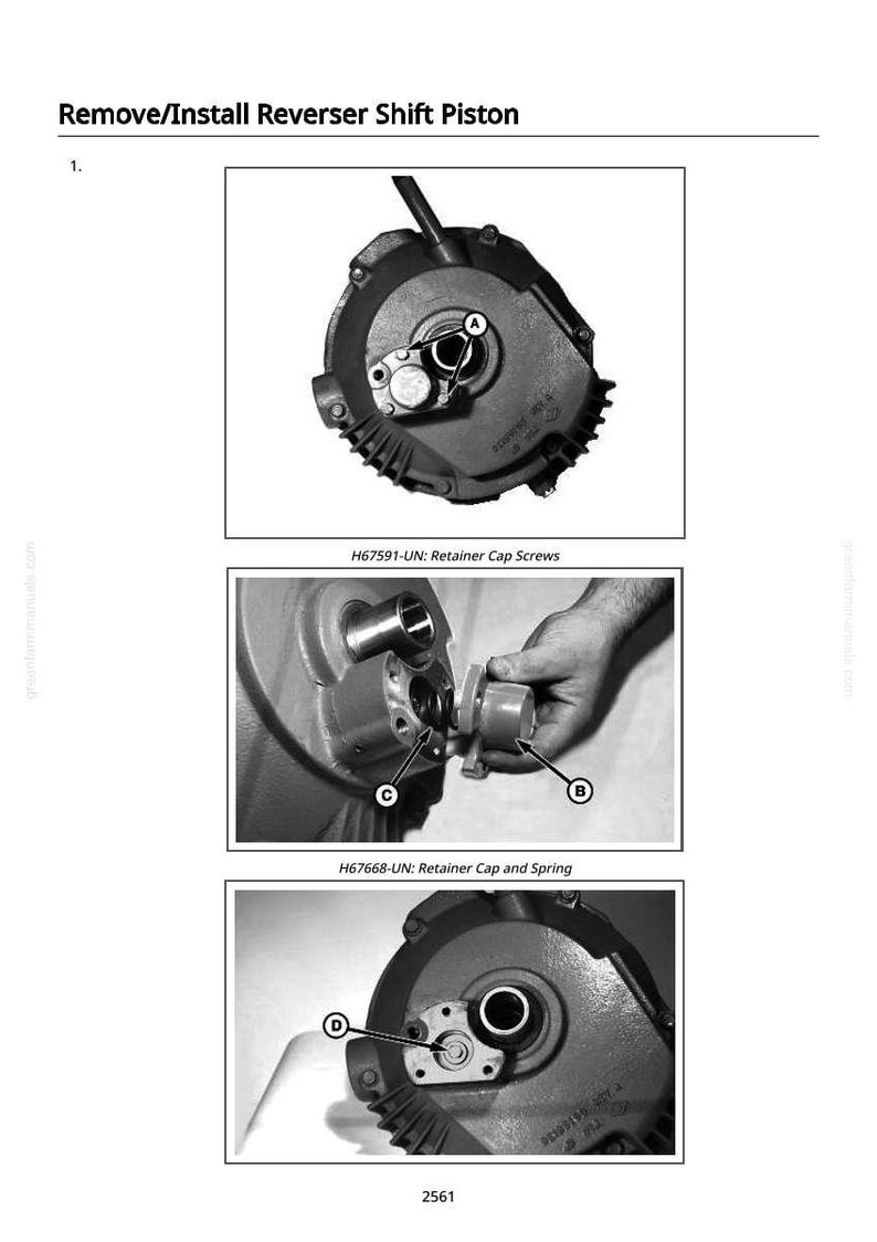May include: Diagram illustrating the removal and installation of a reverser shift piston. The image shows close-up views of mechanical components, including retainer cap screws and a retainer cap with a spring. The text "Remove/Install Reverser Shift Piston" is at the top.