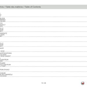 May include: A page from a technical manual, featuring a table of contents in German, French, and English. The document lists engine components like cylinder blocks, crankshafts, and pistons, with corresponding page numbers.