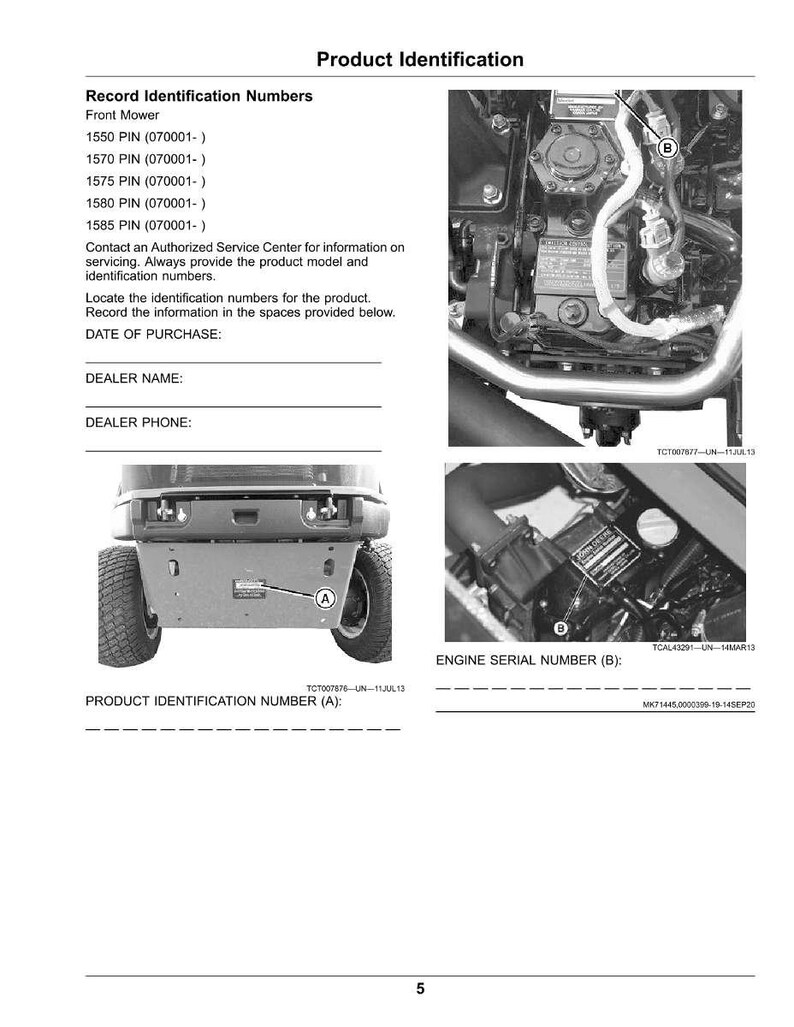 May include: A product identification guide for a front mower, featuring diagrams of engine components and serial number locations. Includes text for recording purchase details and contact information for service.