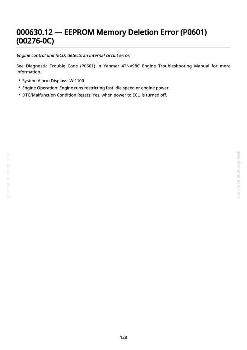 Pu&ograve; includere: Una pagina bianca con testo nero che descrive in dettaglio un errore di cancellazione della memoria EEPROM (P0601). Il testo include informazioni diagnostiche, visualizzazioni di allarme di sistema e dettagli sul funzionamento del motore. Il numero di pagina &egrave; 128.