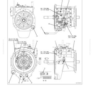 May include: Detailed technical diagram of a transmission system, featuring multiple views and labeled components. The diagram includes measurements in Newton meters (Nm) and Skoml, with annotations and part identifiers.