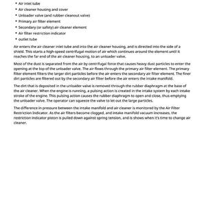May include: A white page with the title "Air Intake System Theory of Operation" and a list of components including air inlet tube, air cleaner housing, and air filter elements. Detailed text explains the system's function.