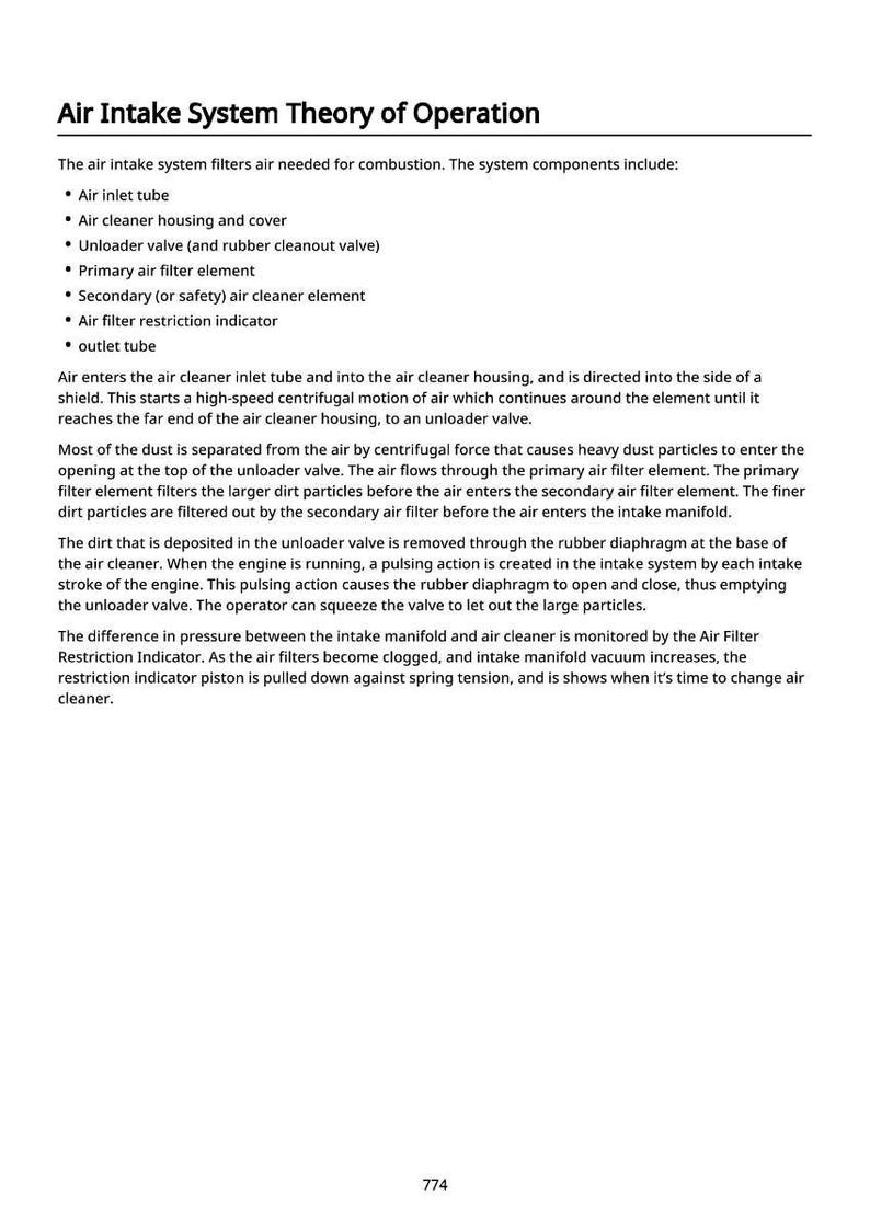 May include: A white page with the title "Air Intake System Theory of Operation" and a list of components including air inlet tube, air cleaner housing, and air filter elements. Detailed text explains the system's function.