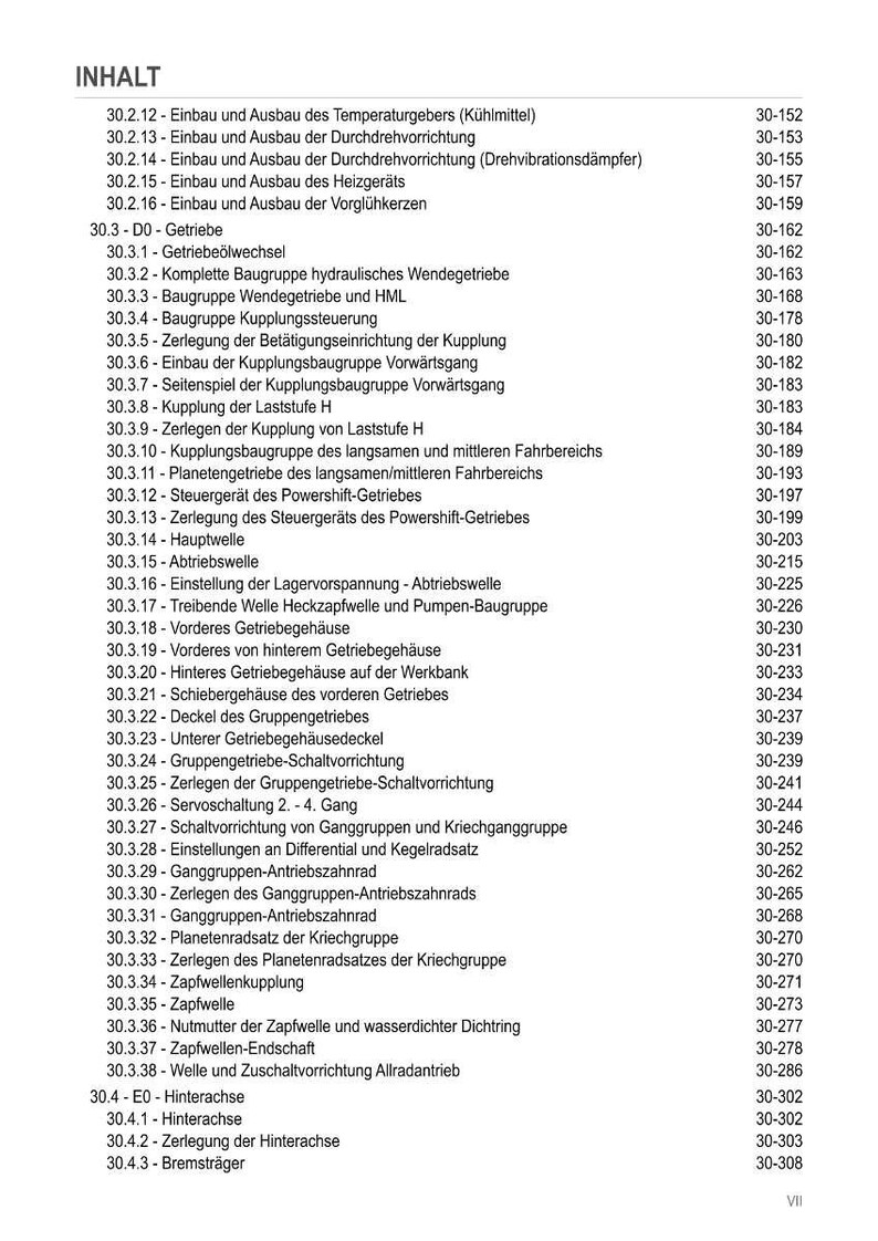 May include: A detailed table of contents in German, titled "INHALT," lists various mechanical components and procedures with corresponding page numbers. The document appears to be a technical manual or guide, likely for machinery or automotive repair.
