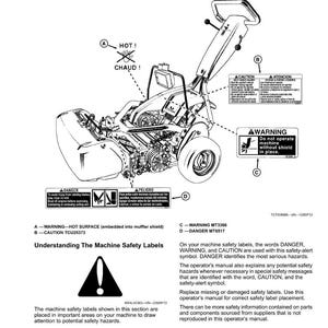 May include: Diagram of a machine with safety labels. The labels include warnings about hot surfaces, caution, and the importance of operating the machine with the shield in place. The text is in English and French.