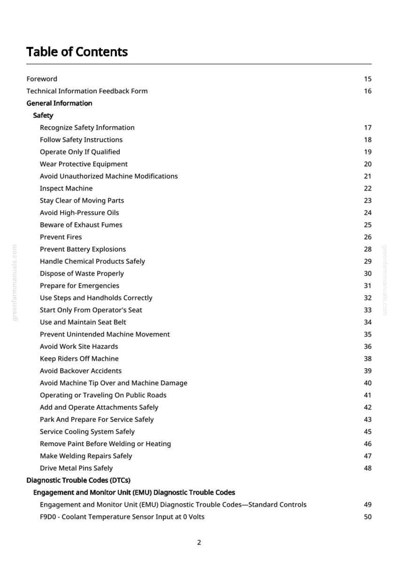 May include: A white page with a black table of contents. The title reads "Table of Contents." The list includes safety information, operating instructions, and diagnostic trouble codes. The page numbers are listed on the right.